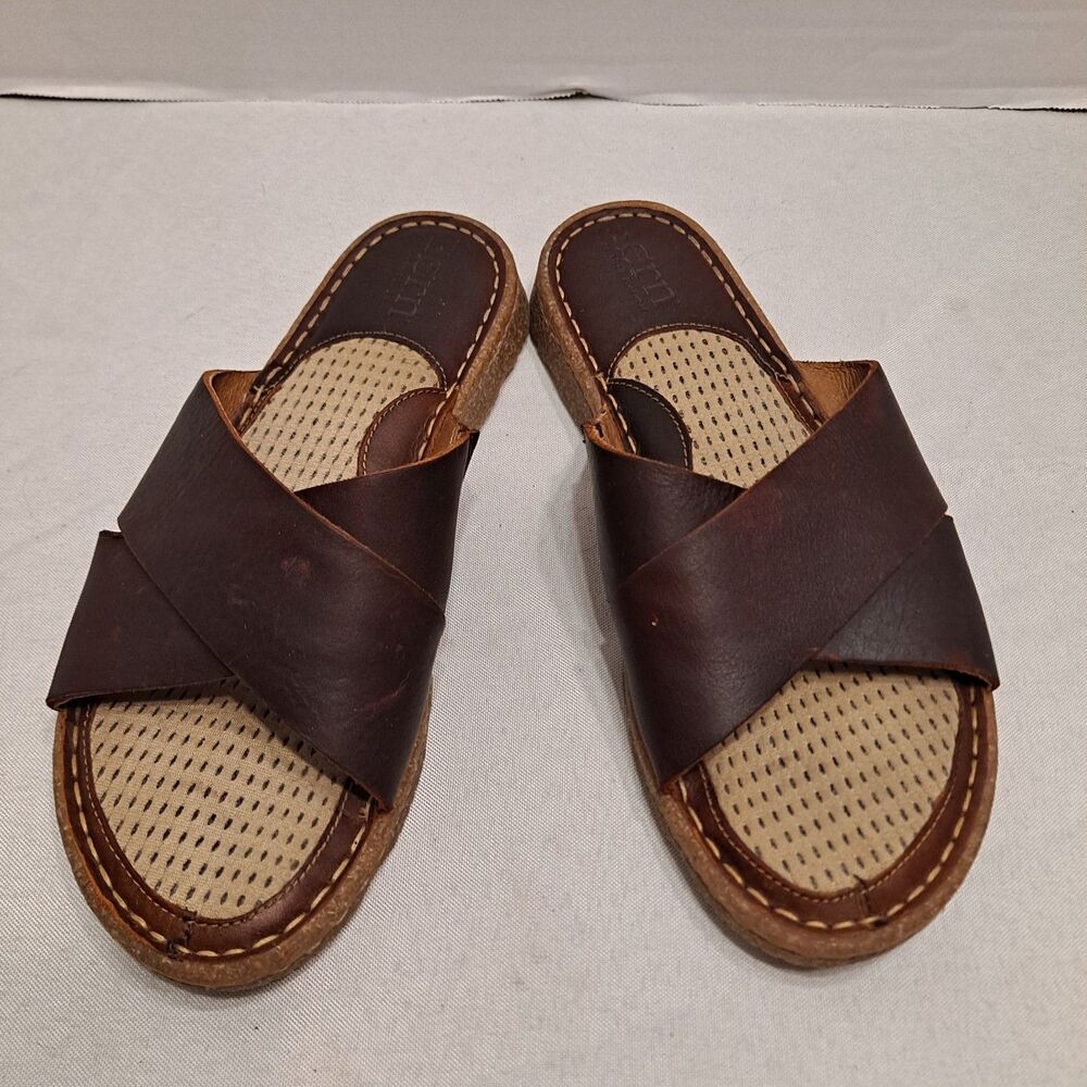 Born Brown Leather Cross Strap Slide Sandals